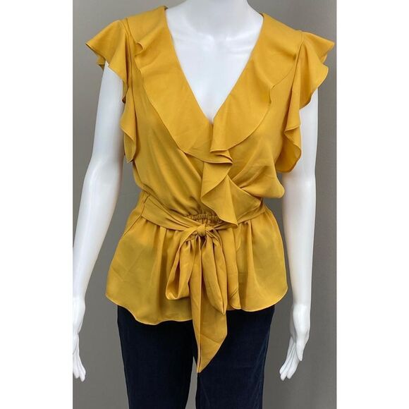 Max Studio Surplice Ruffle Peplum Top Ties Blouse Womens Medium Yellow BB0361 - Picture 2 of 7